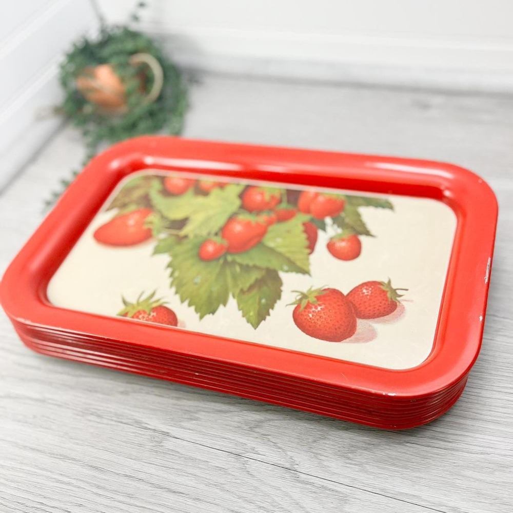 Vintage Strawberry Metal Serving Tray Set of 8‎